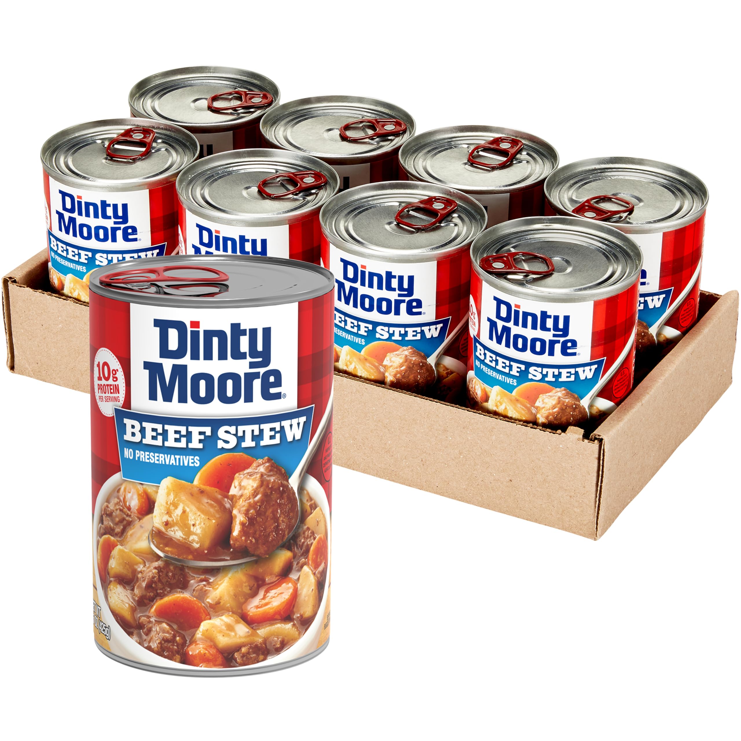 DINTY MOORE Beef Stew can with hearty beef and vegetables, protein-rich ready-to-eat option.