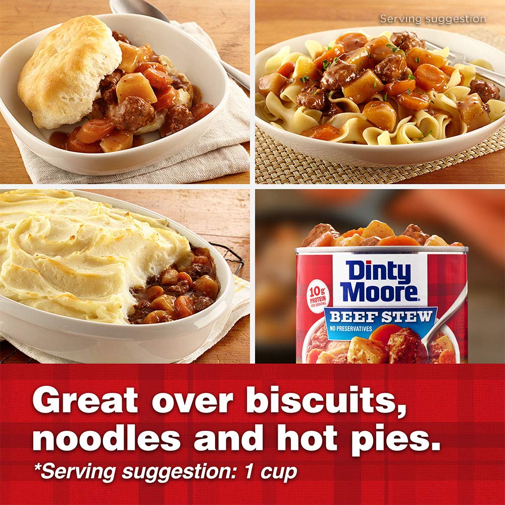 DINTY MOORE Beef Stew can with no preservatives label for convenience.