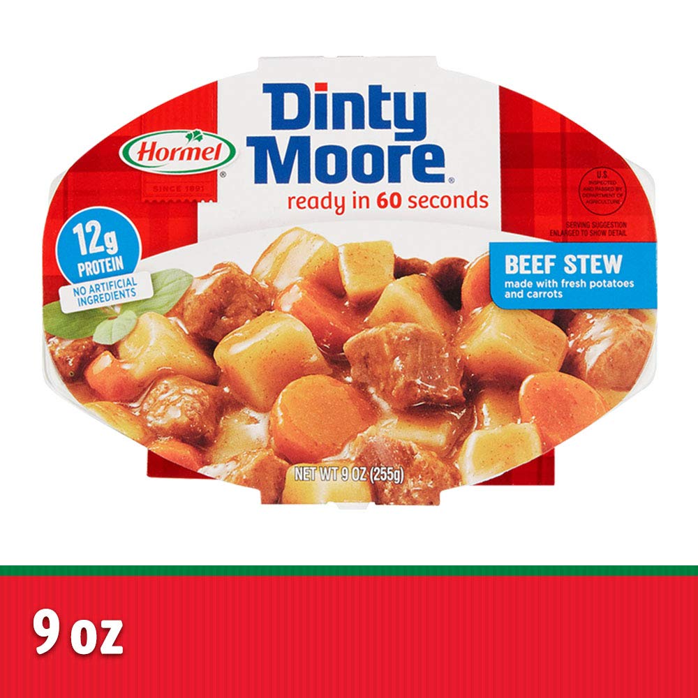 Dinty Moore Beef Stew serving bowl, steam rising from a hot meal.