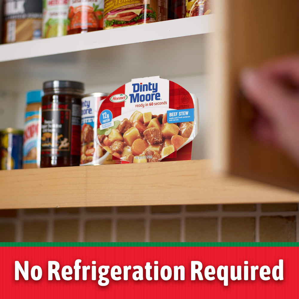 Dinty Moore Beef Stew shelf-stable packaging, pantry-friendly.