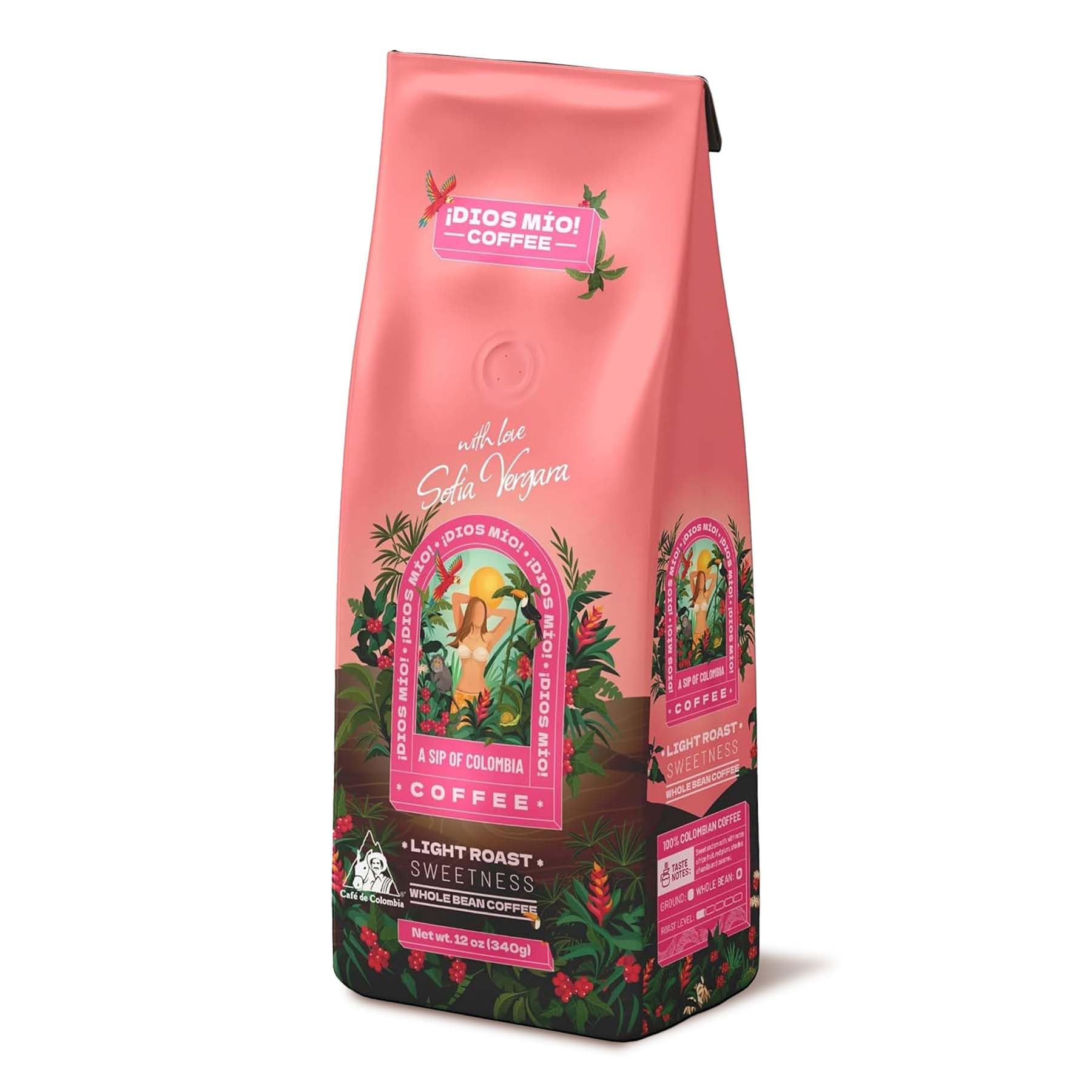 Dios Mio coffee bag front reveals premium Colombian beans for a smooth light roast.