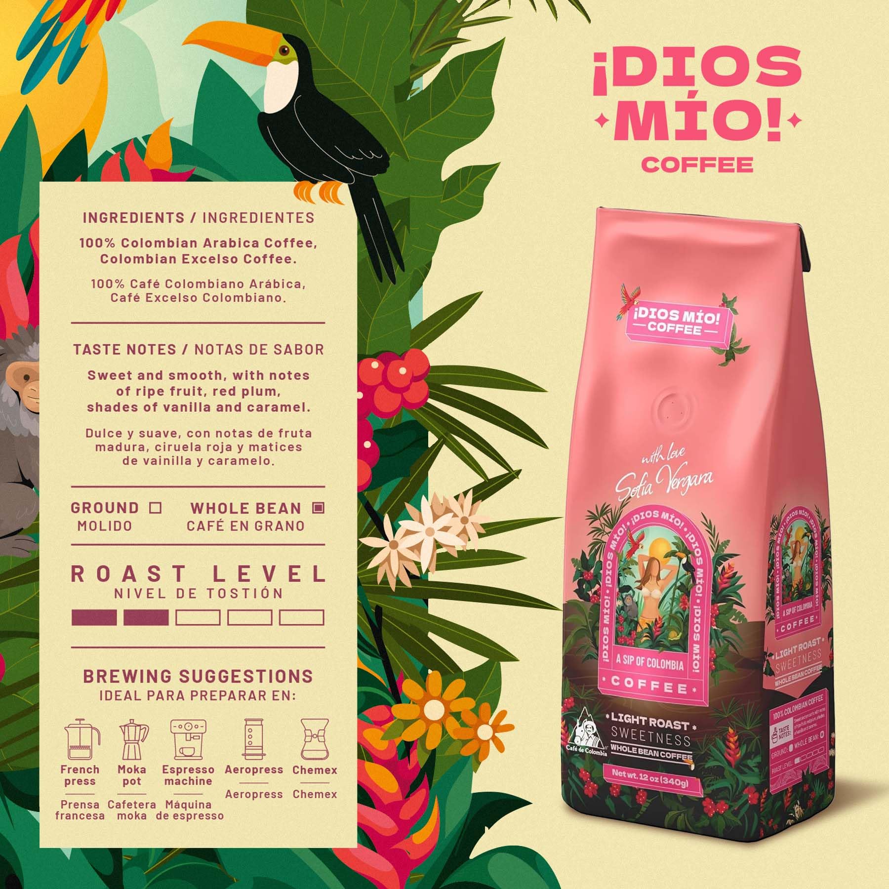 Dios Mio coffee bag label closeup highlights flavor notes and fair trade story.