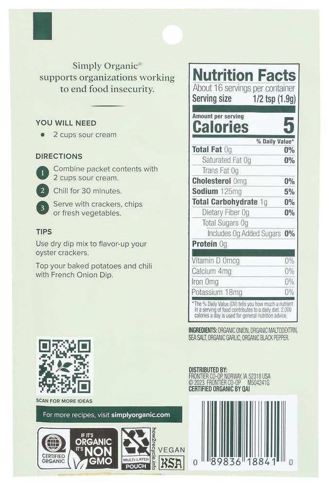 Ingredients close-up of Dip Mix French Onion, highlighting organic quality.