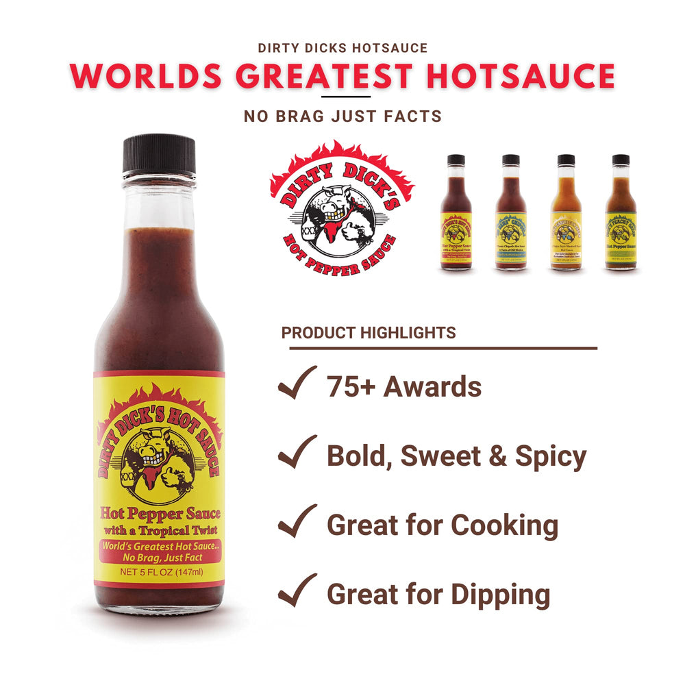Dirty Dick's hot sauce glass bottle on wood counter adds rustic kitchen vibe.