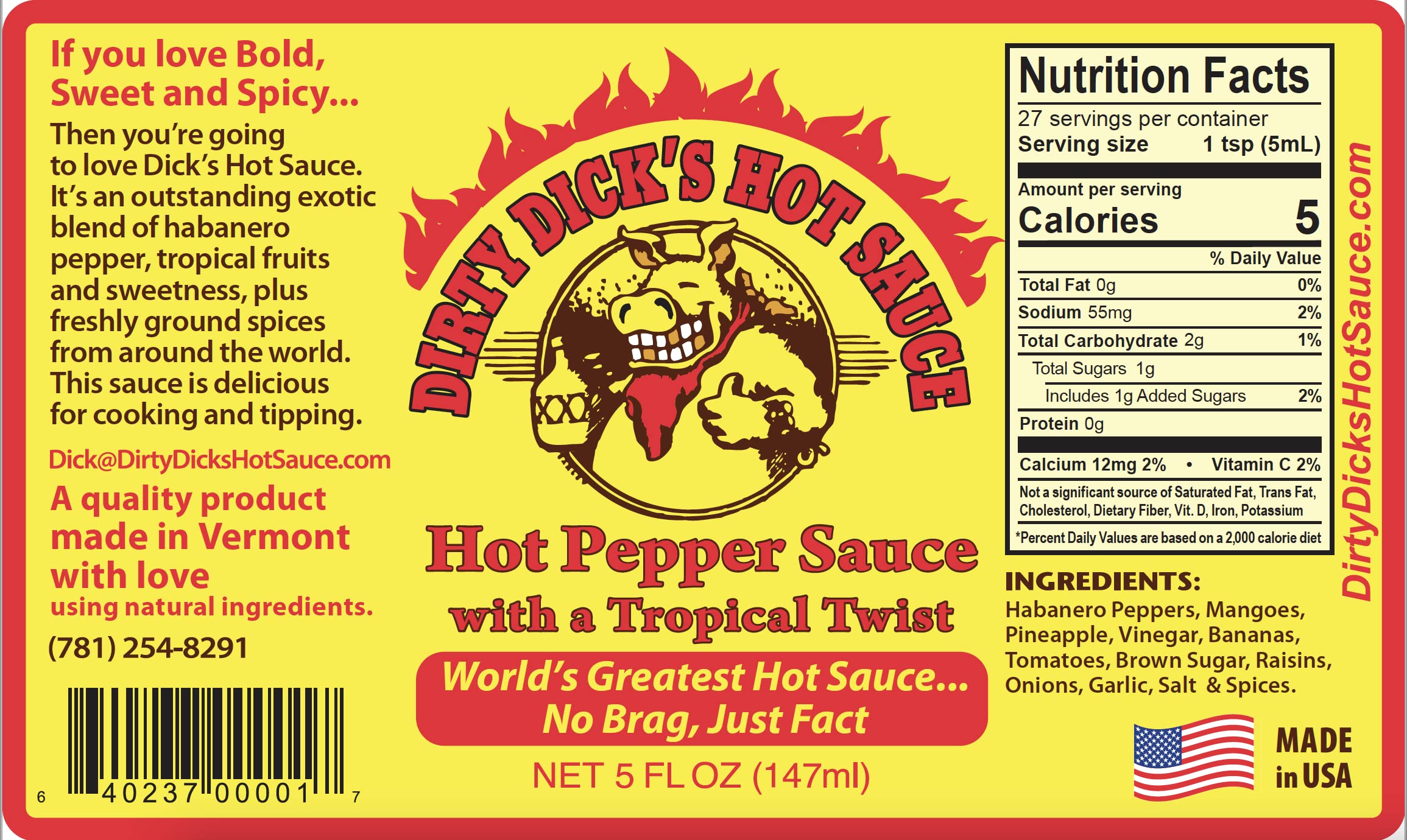 Dirty Dick's hot sauce label closeup highlights bold branding and heat personality.