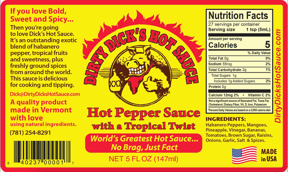 Dirty Dick's hot sauce label closeup highlights bold branding and heat personality.