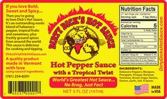 Dirty Dick's hot sauce label closeup highlights bold branding and heat personality.