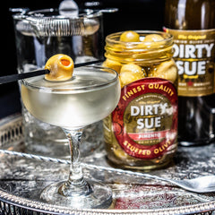 Dirty Sue olive brine ingredients closeup highlighting quality notes for martinis