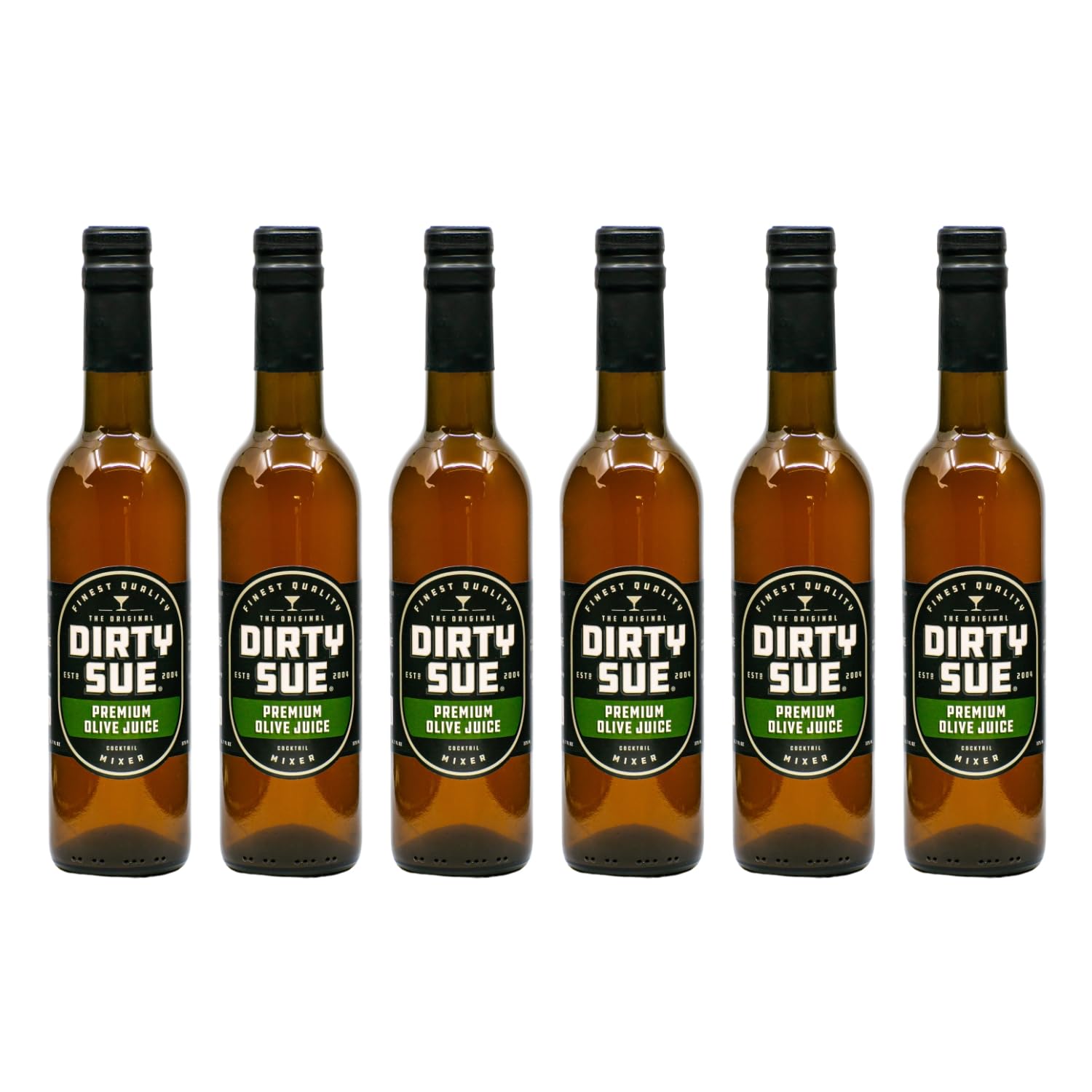 Dirty Sue olive juice martini mix 6-pack front view, perfect for classic cocktails.
