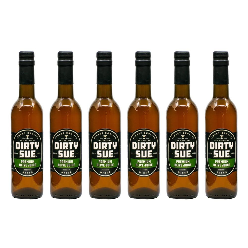 Dirty Sue olive juice martini mix 6-pack front view, perfect for classic cocktails.