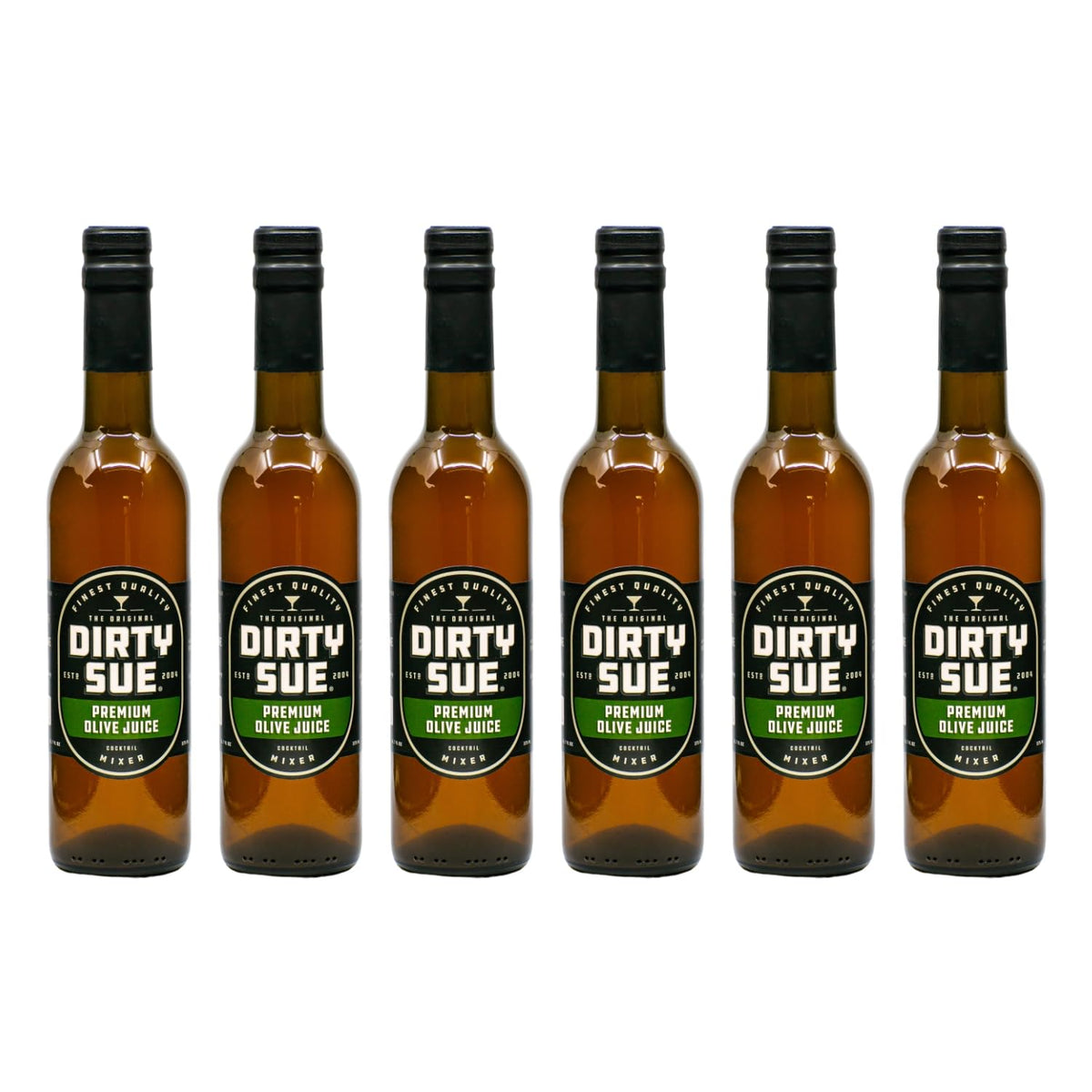 Dirty Sue olive juice martini mix 6-pack front view, perfect for classic cocktails.