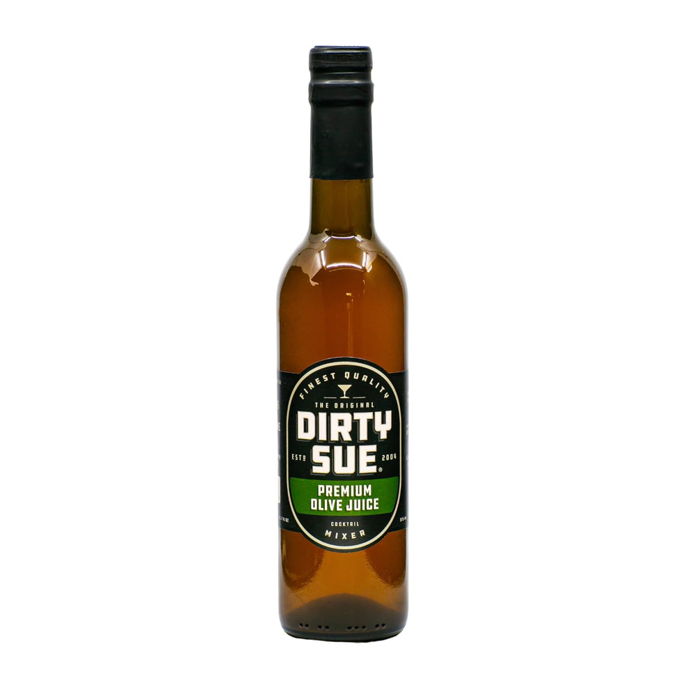 Dirty Sue Premium Olive Juice bottle front view for savory cocktail elevation