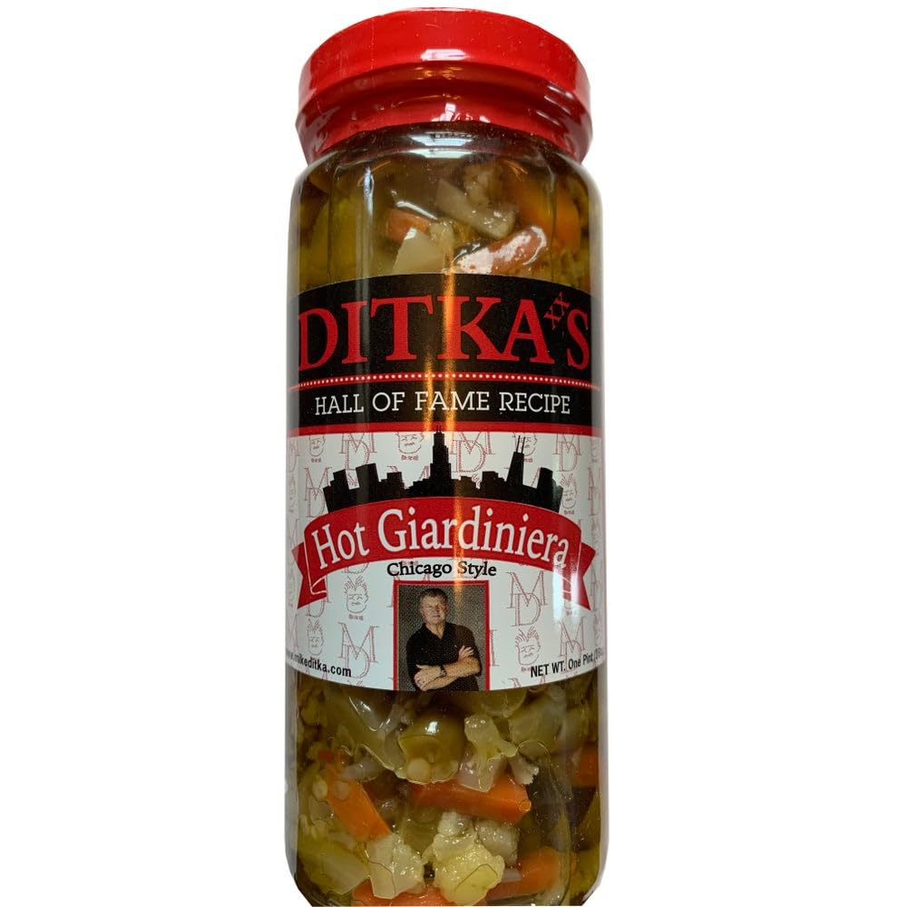 Ditka's Hot Giardiniera in a 16oz jar, ideal as a zesty topping for sandwiches