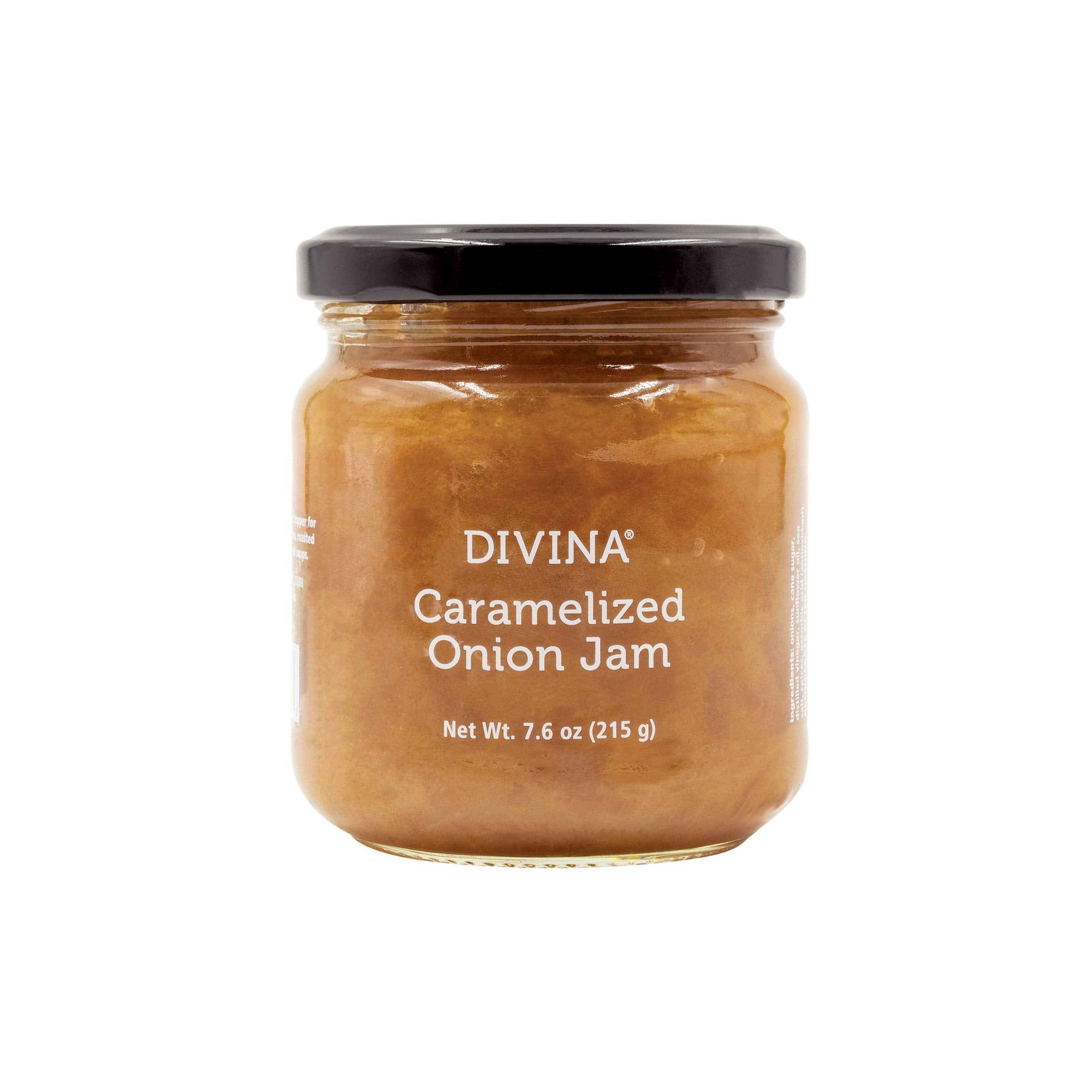Divina caramelized onion jam jar on a cheese board enhances appetizers.