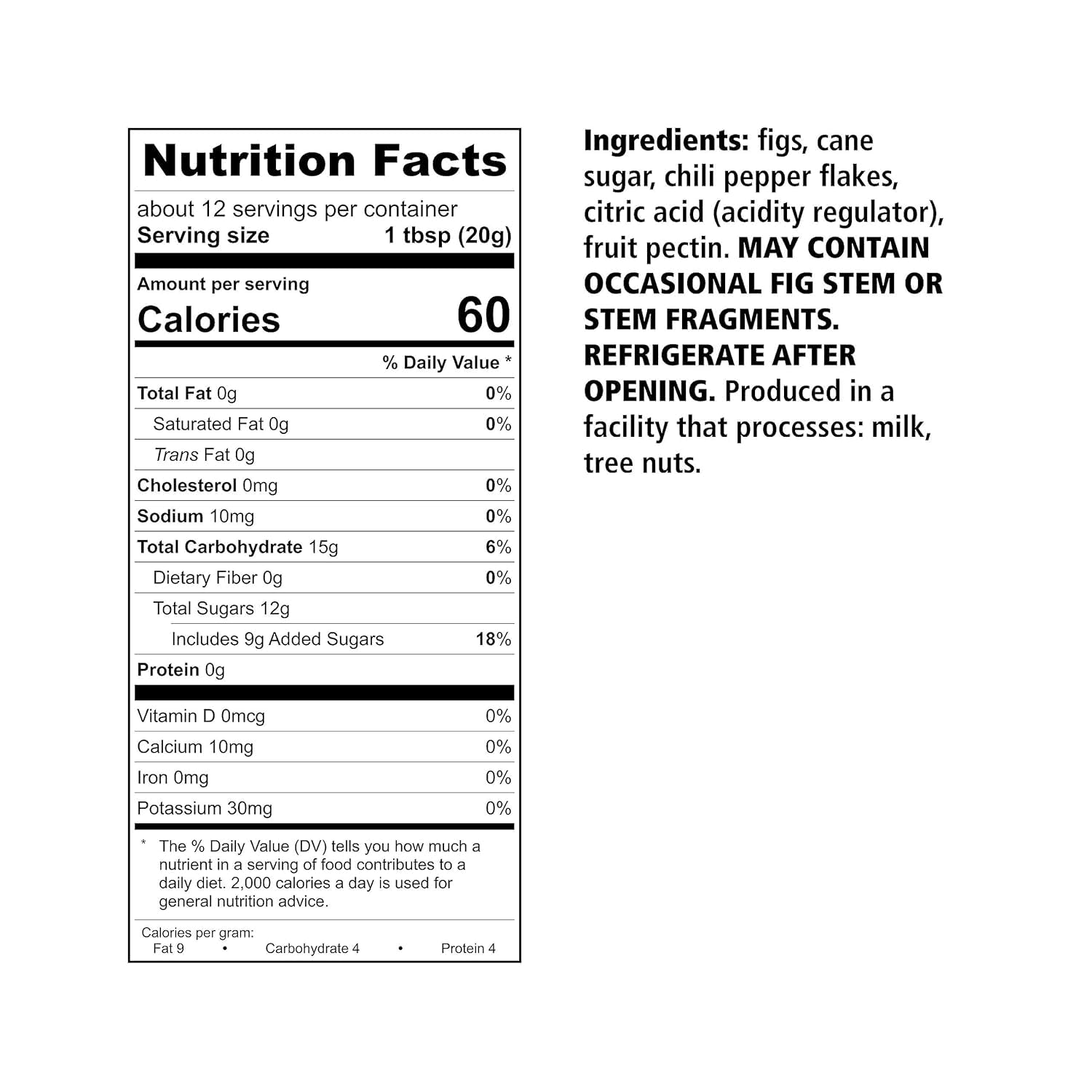 Divina Chili Fig Spread Jam back label, highlights clean ingredients.