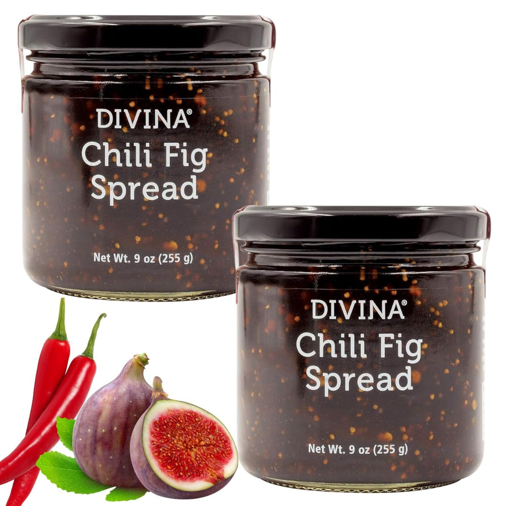 Divina Chili Fig Spread Jam jar front, ideal with cheese pairings.