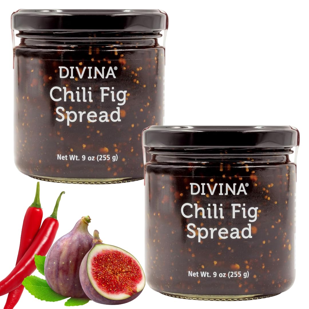 Divina Chili Fig Spread Jam jar front, ideal with cheese pairings.