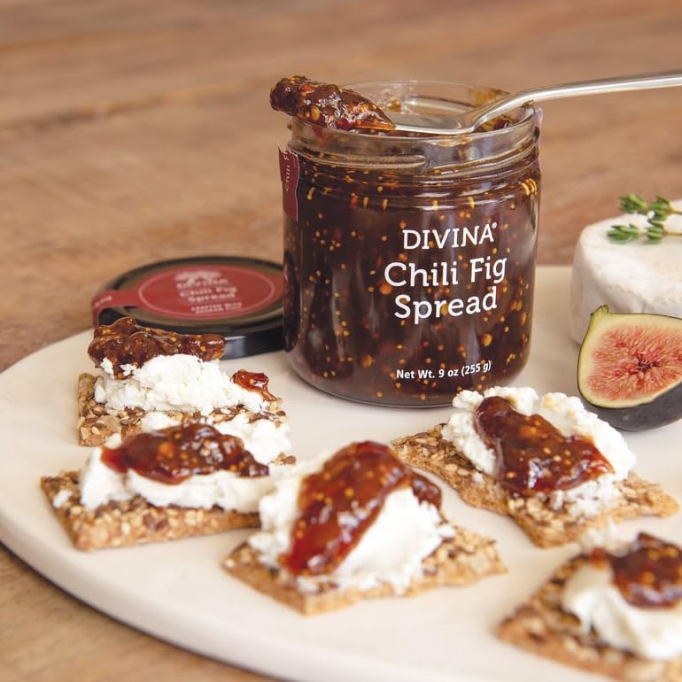 Divina Chili Fig Spread Jam plate setup for tasting with artisanal cheese.