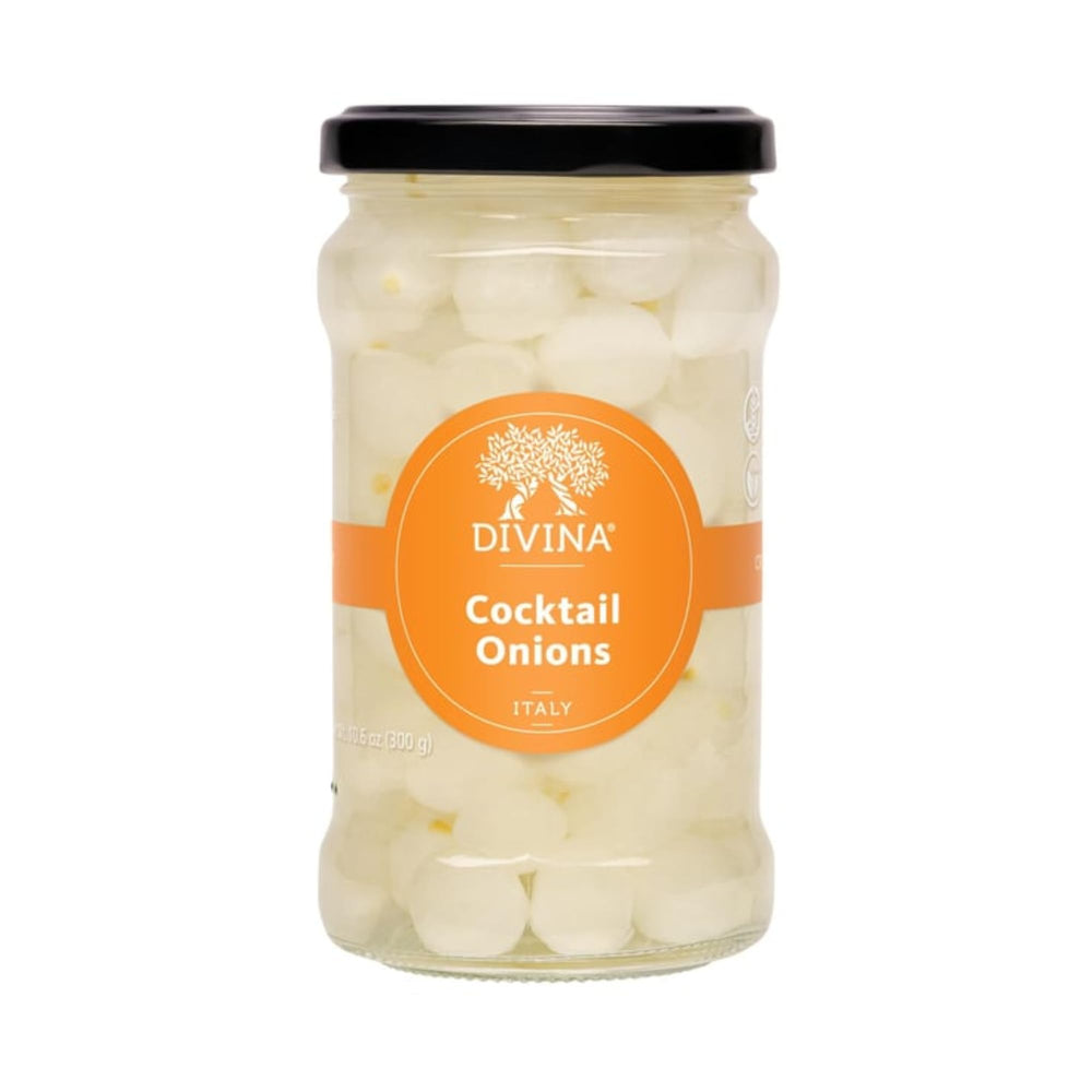 Divina Cocktail Onions 10 oz bottle on a bar, ideal garnish for cocktails.