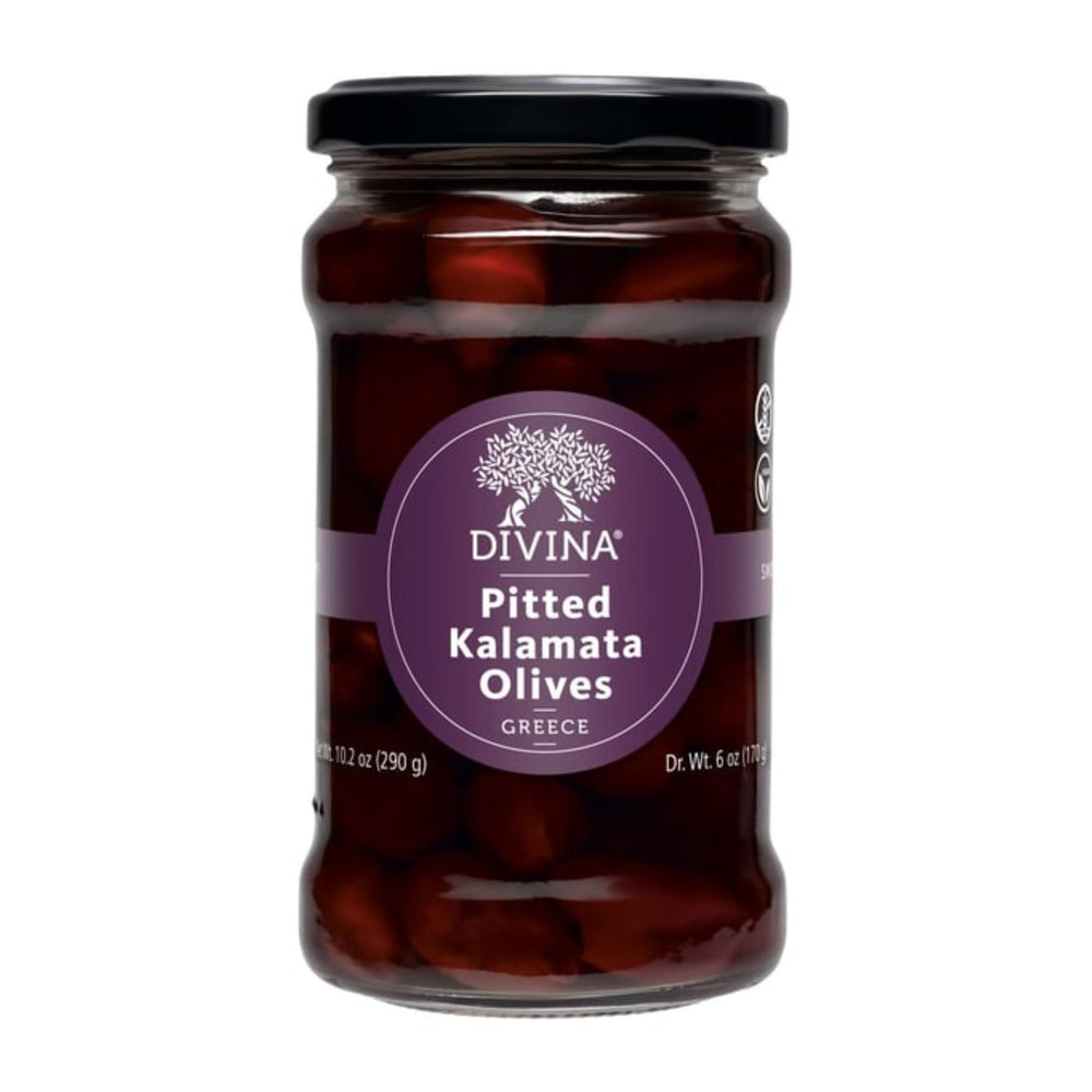 Divina Kalamata olives in a glass jar highlighting premium Greek flavor for salads and snacking.