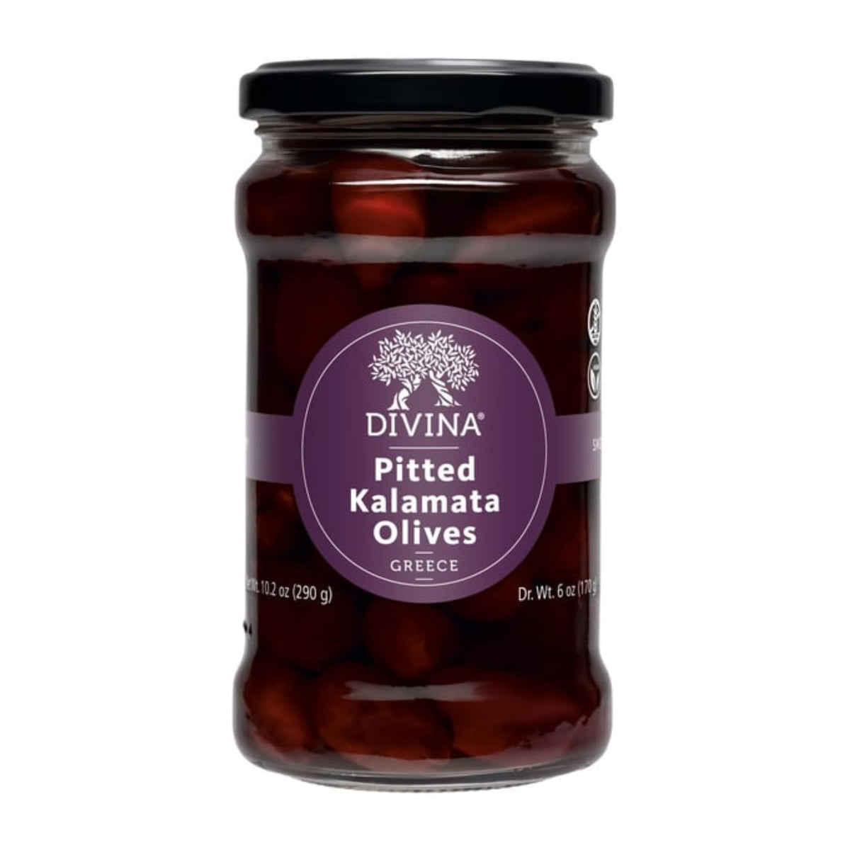Divina Kalamata olives in a glass jar highlighting premium Greek flavor for salads and snacking.