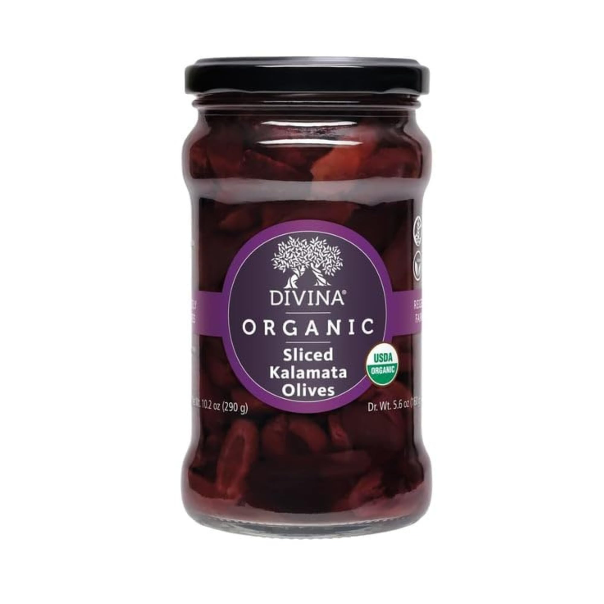 Divina Kalamata olives sliced in a 10.2 oz jar for quick salads.
