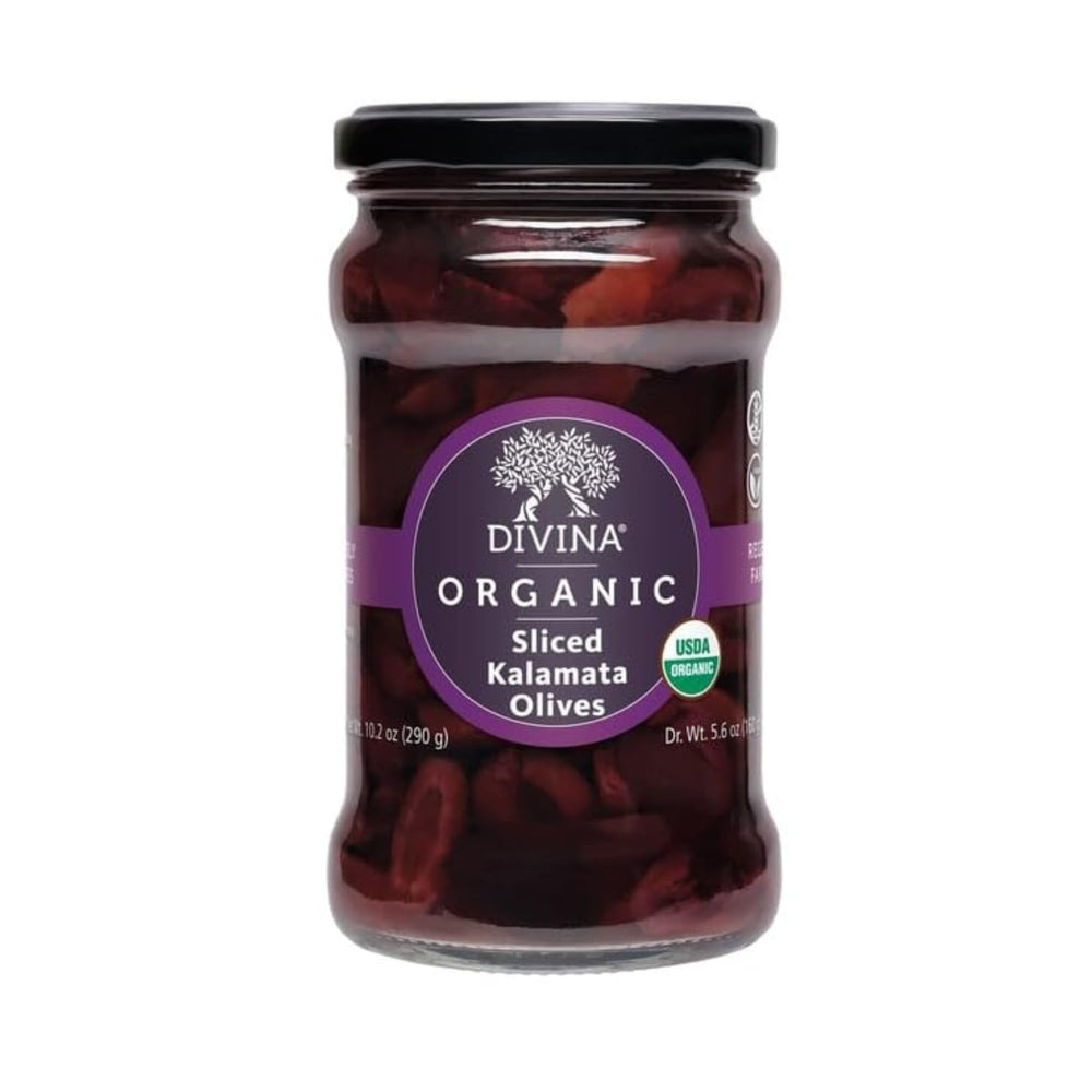 Divina Kalamata olives sliced in a 10.2 oz jar for quick salads.