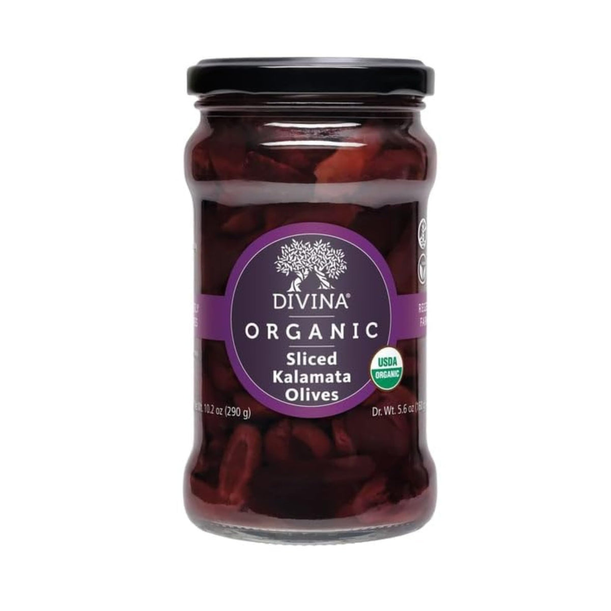 Divina Kalamata olives sliced in a 10.2 oz jar for quick salads.