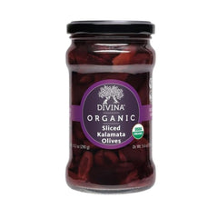 Divina Kalamata olives sliced in a 10.2 oz jar for quick salads.