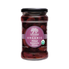 Divina Kalamata Organic Pitted Olives in a jar, ready to elevate salads.