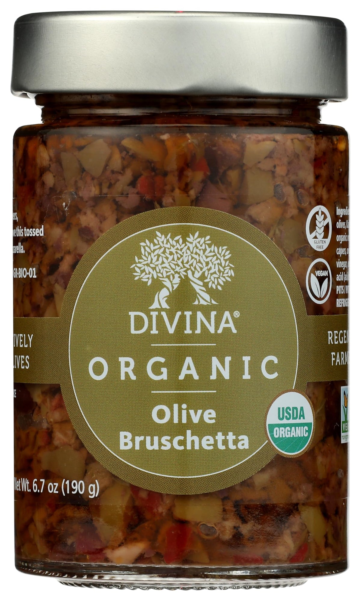 Divina Olive Bruschetta jar close-up—ready-to-spread topping.