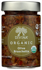 Divina Olive Bruschetta jar close-up—ready-to-spread topping.