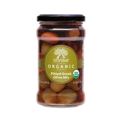 Divina olive mix closeup on jar highlighting organic Greek olives for snacking