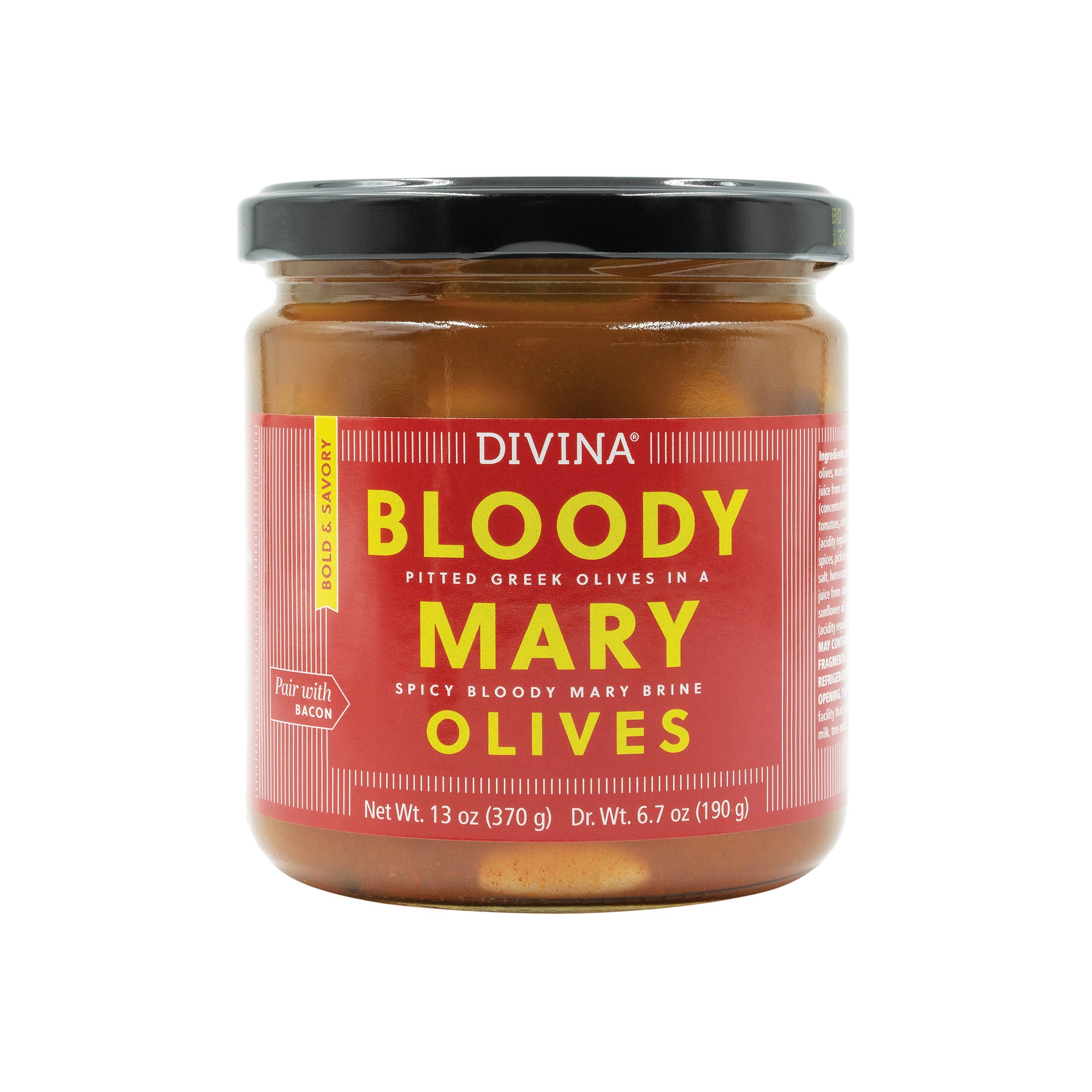Divina Bloody Mary olives in a jar with bold marinade, ideal for brunch.