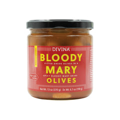 Divina Bloody Mary olives in a jar with bold marinade, ideal for brunch.