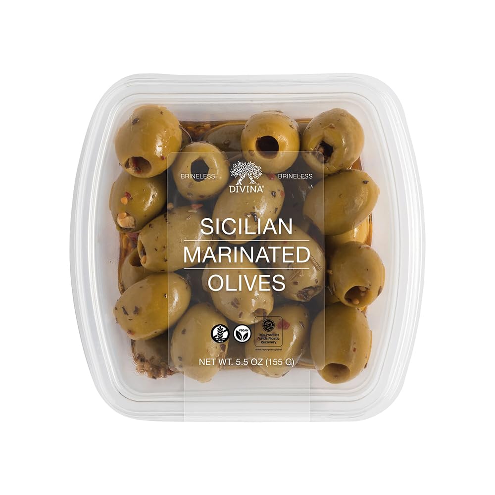 Divina olives marinated with Sicilian herbs in a ready-to-enjoy cup for quick snacking.
