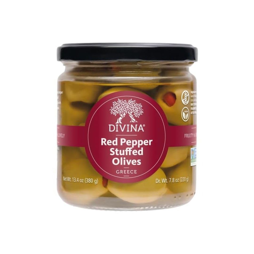 Divina olives stuffed with sweet red peppers in a 13.4 oz jar; ideal for antipasto.