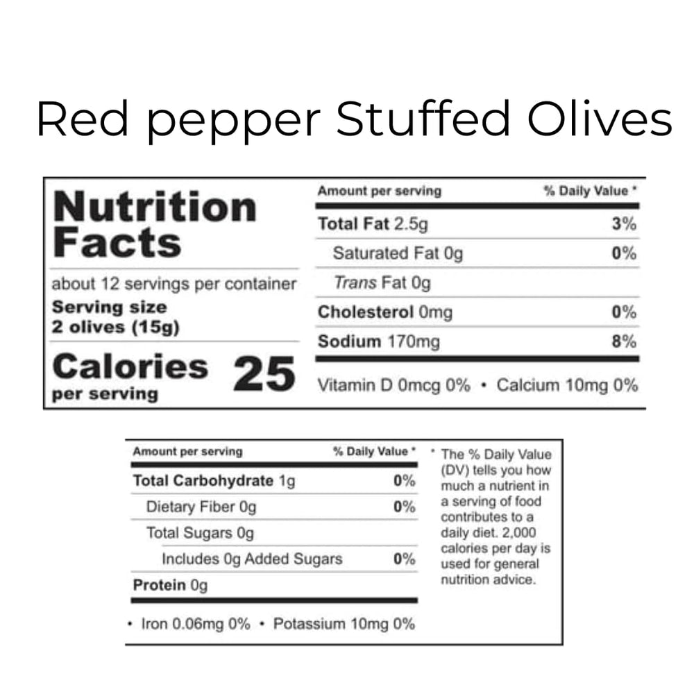 Close-up of Divina red pepper stuffed olives; perfect on antipasto platters.