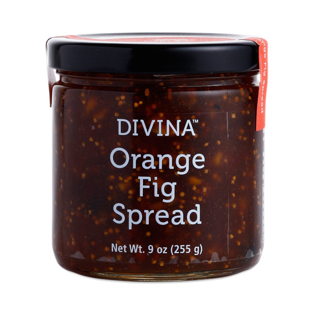 Divina Orange Fig Spread Jam jar showing the rich blend of figs and citrus.