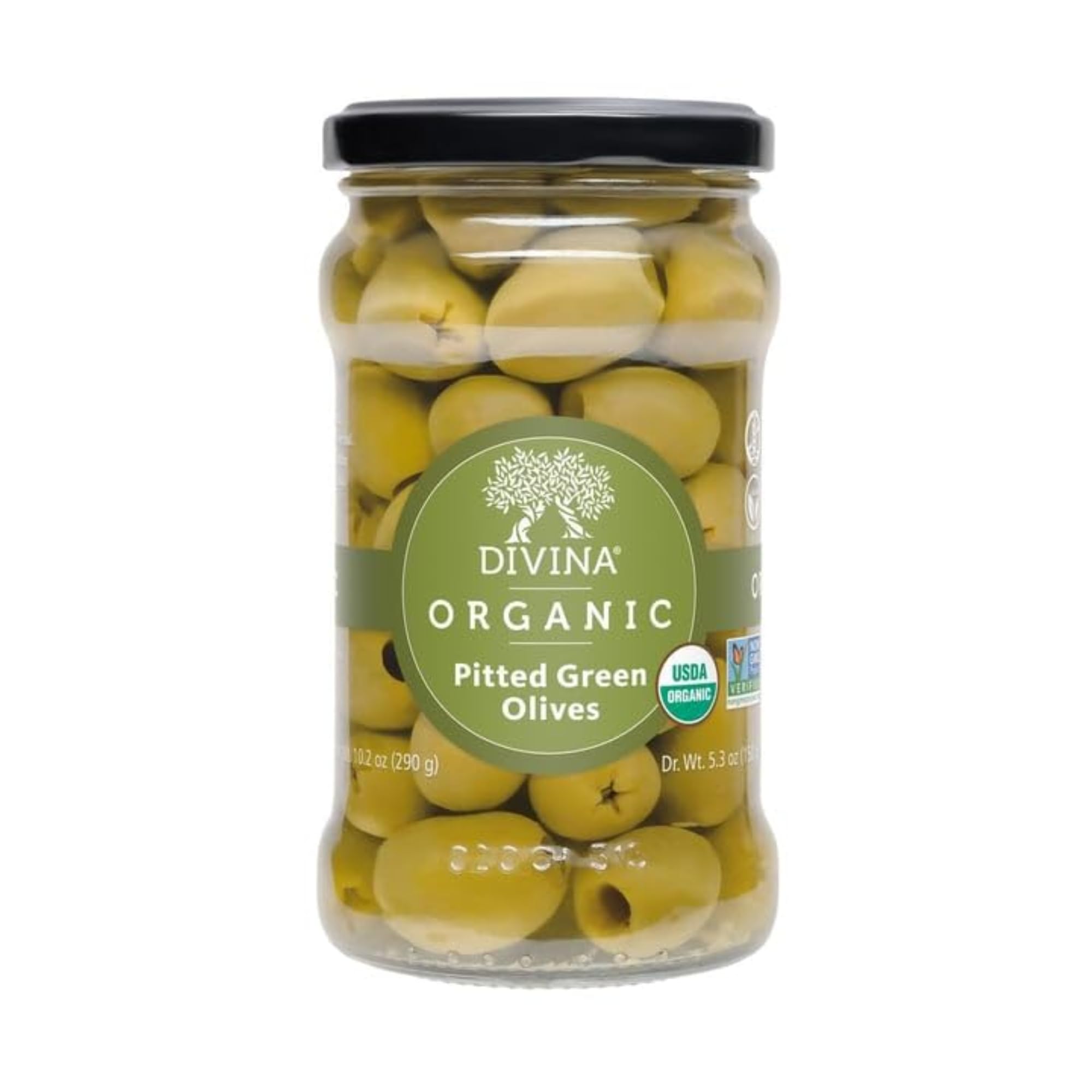 Divina Organic Green Olives in a jar ideal for antipasti and snacking.