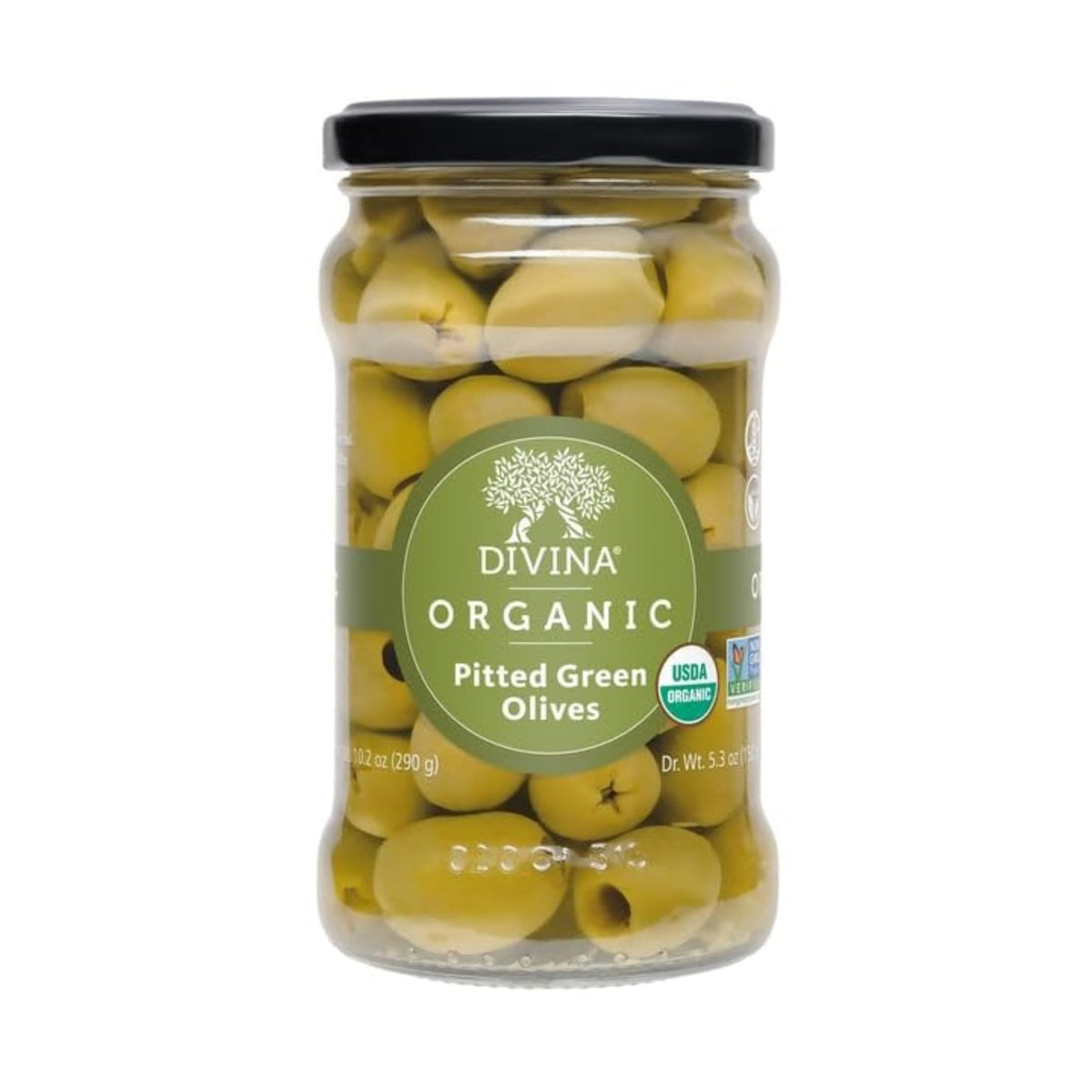Divina Organic Green Olives in a jar ideal for antipasti and snacking.