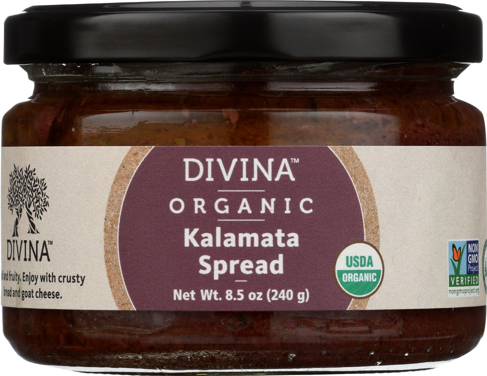Divina Organic Kalamata Olive Spread jar closeup, showcasing rich flavor for appetizers.