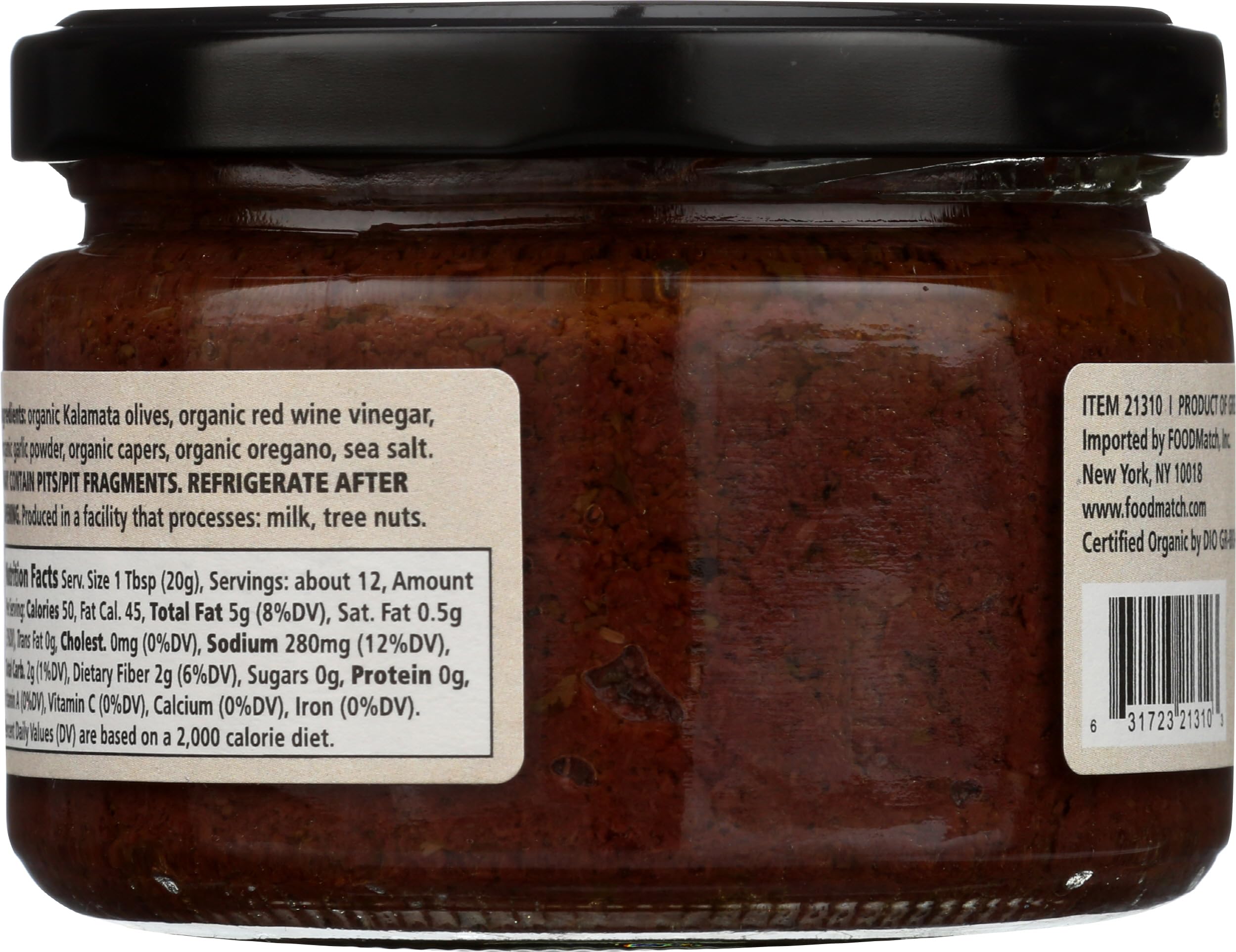 Divina Organic Kalamata Olive Spread jar side view showing smooth texture.