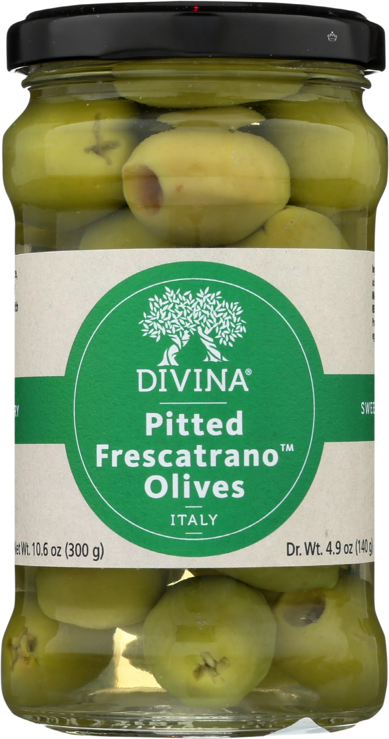 Divina Pitted Frescatrano Olives in a bowl, ready for quick Mediterranean snacking.