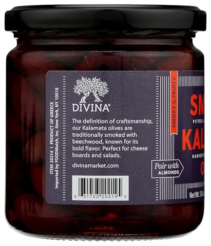 Divina smoked Kalamata olives in a small bowl offer convenient snacking.