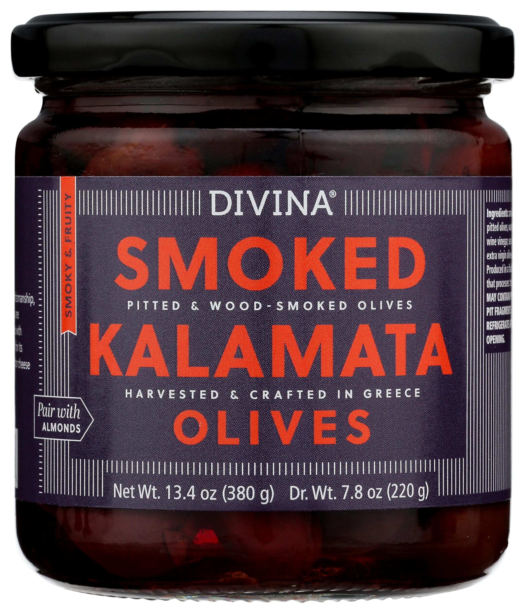 Divina smoked Kalamata olives in a jar showcase rich smoky flavor for antipasti.