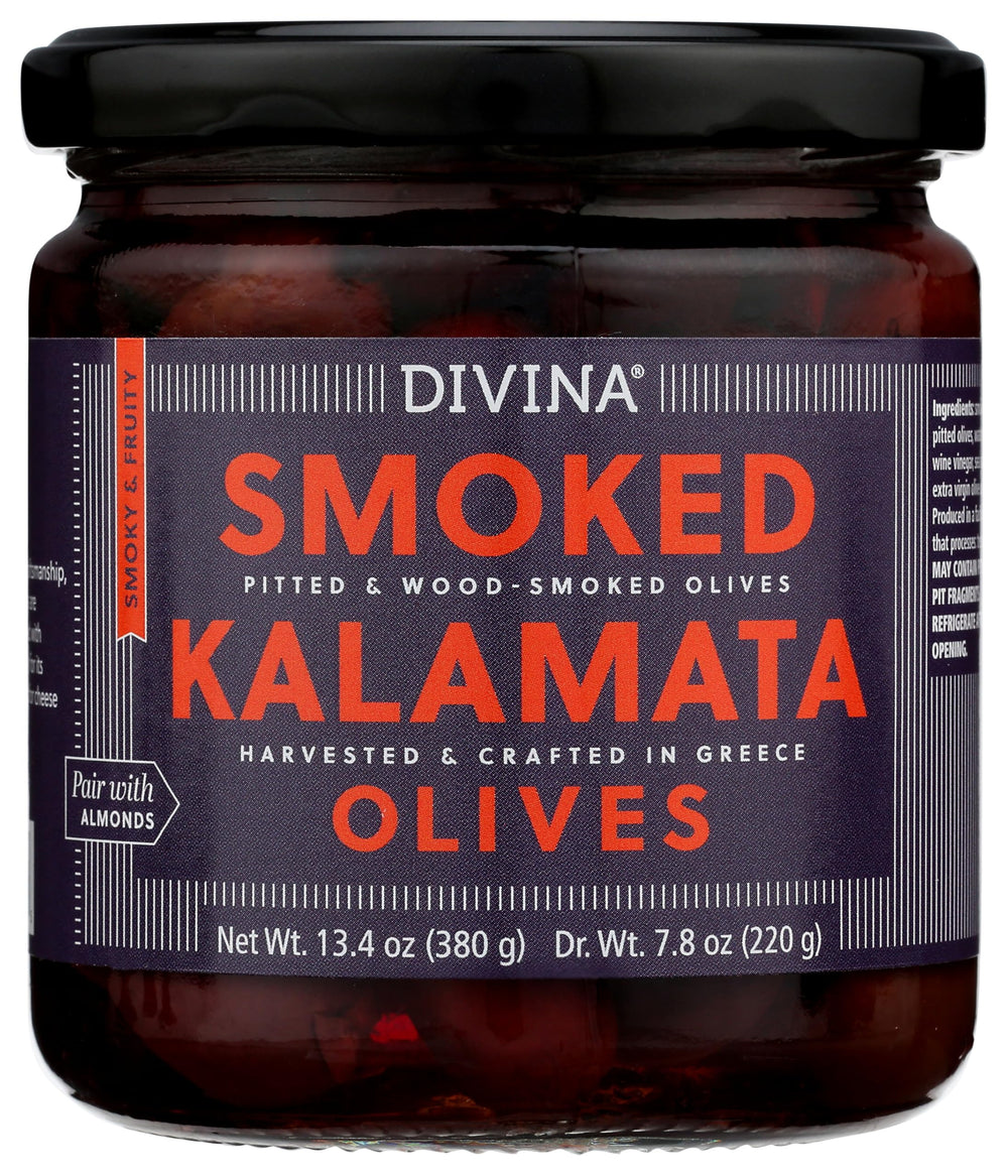 Divina smoked Kalamata olives in a jar showcase rich smoky flavor for antipasti.