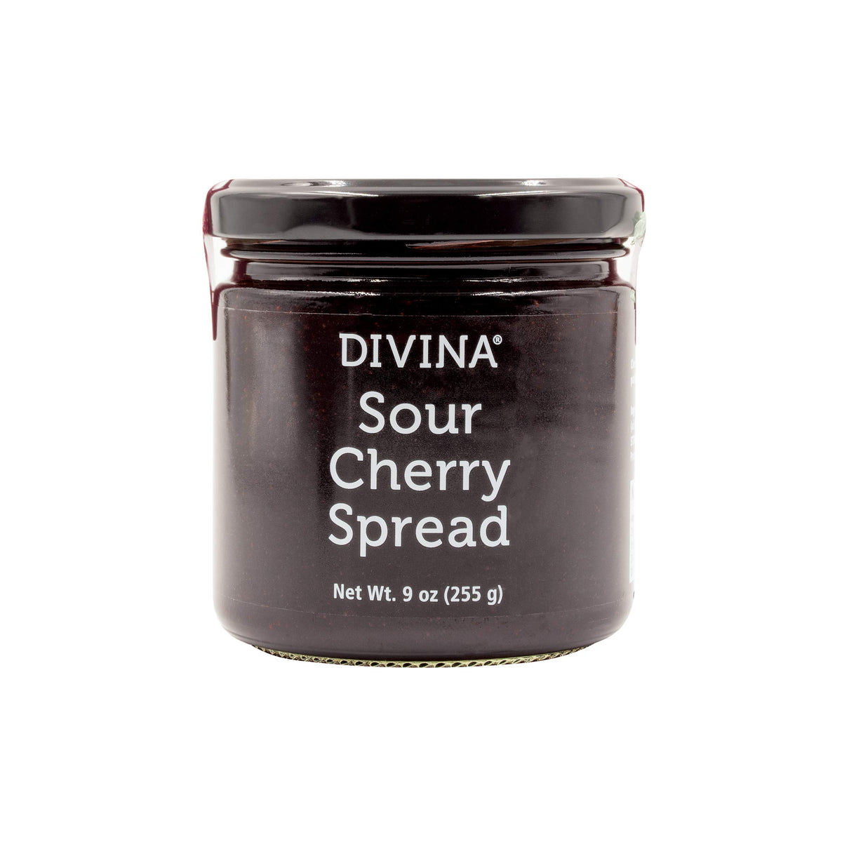 Divina sour cherry spread jam jar shows rich ruby color, perfect for cheese pairing.
