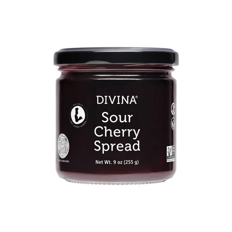 Divina sour cherry spread jam label close-up shows quality and non-GMO notes.