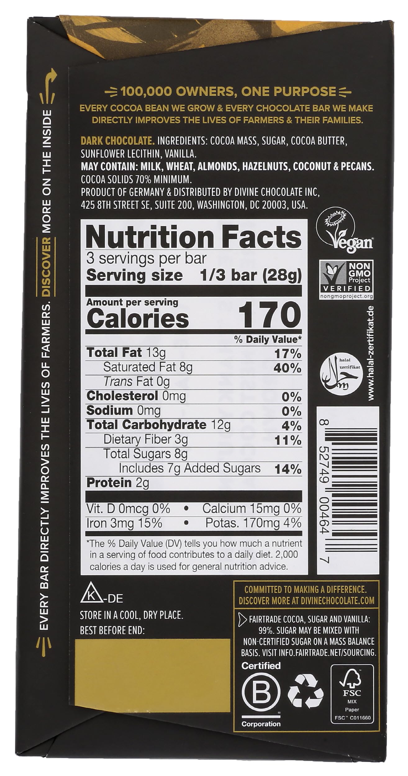 DIVINE CHOCOLATE 70% dark chocolate bar slice shows glossy surface and depth.